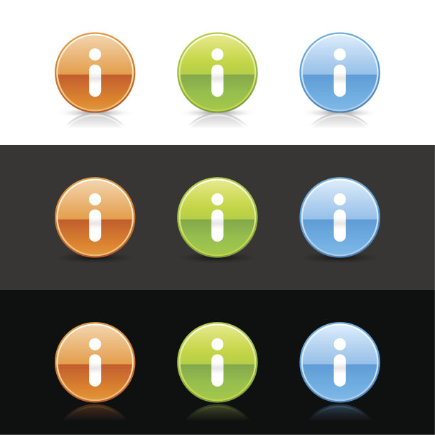 信息标志圆形图标橙色绿色蓝色按钮阴影反射图片下载