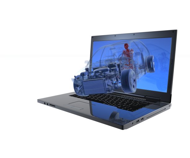 3D笔记本电脑与汽车和女人隔离图片下载