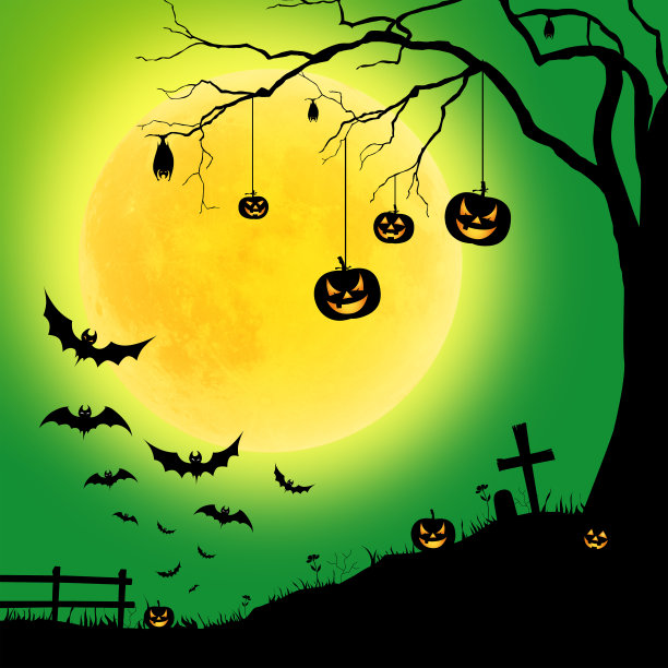 万圣节树，南瓜，蝙蝠图片下载