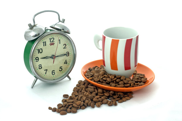 白色背景下闹钟和咖啡杯的特写镜头图片下载