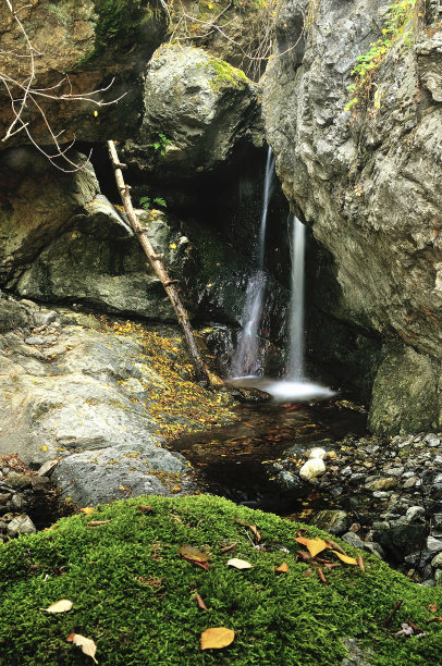 森林瀑布和覆盖着苔藓的岩石图片下载