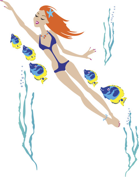 美丽的女孩游泳从海向量插图。图片下载