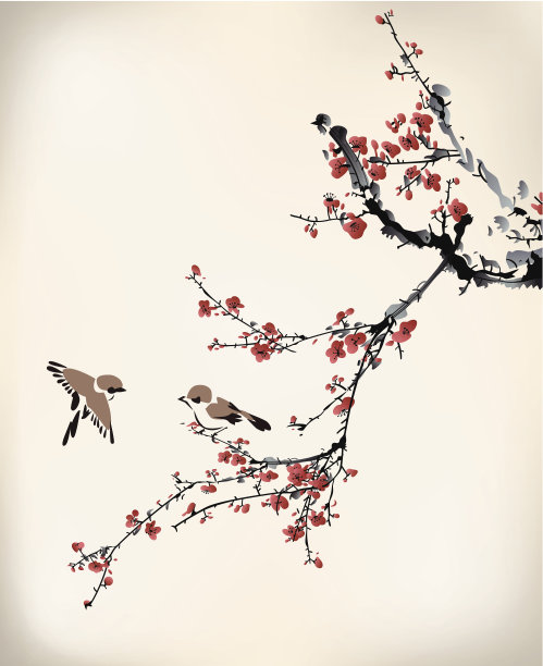 褐色和黑色的鸟降落在红色的冬天甜蜜的花朵上素材图片