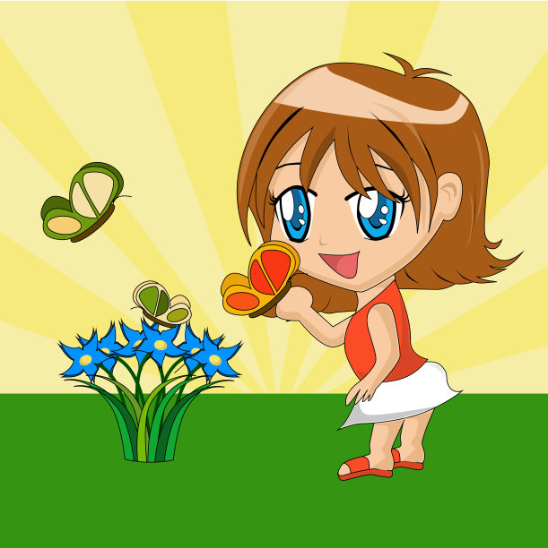 卡通女孩与蝴蝶(矢量)图片下载