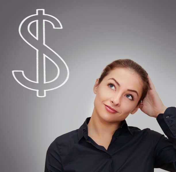 商业女性用美元符号思考金钱图片下载