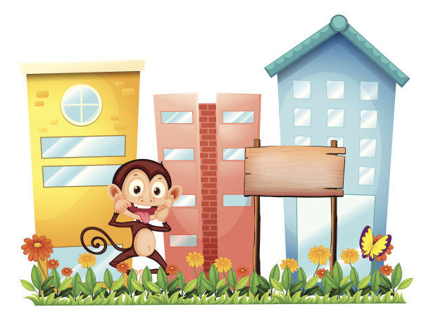 猴子在花园里拿着木招牌图片下载