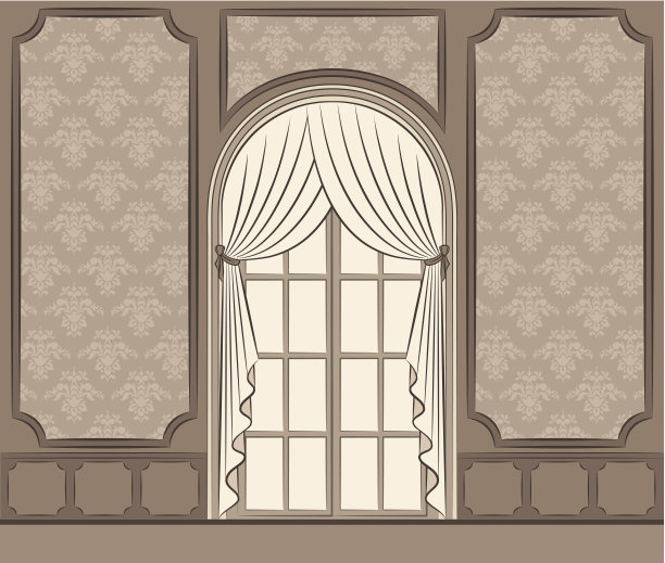有窗帘的复古室内。向量图片下载