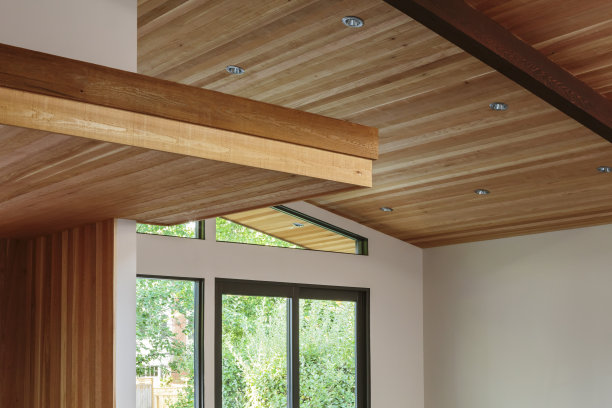 现代住宅入口的木梁天花板细节图片下载