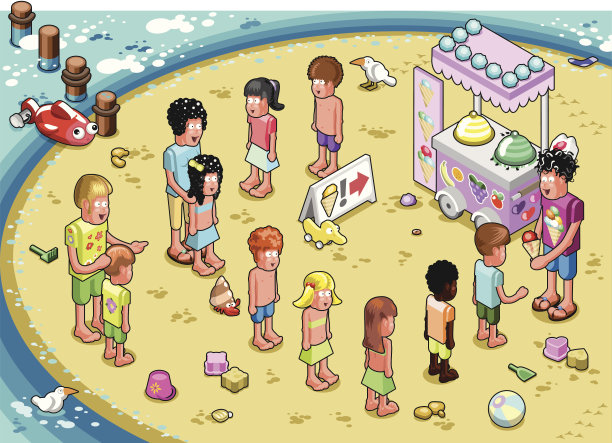 孩子们在海滩上排队买冰淇淋(矢量)图片下载