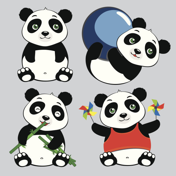 熊猫坐，吃，玩球，可爱的卡通套装图片下载