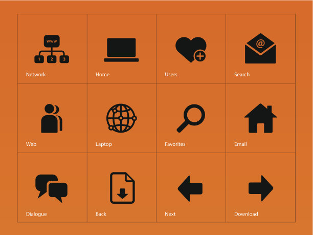 橙色背景上的网络图标。图片下载