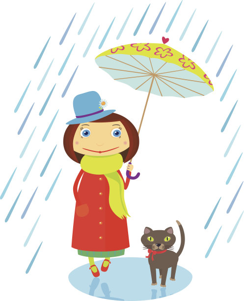 带着一只猫在伞下散步的女孩图片下载
