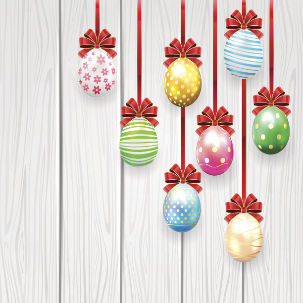 木制背景上的蝴蝶结复活节彩蛋图片下载