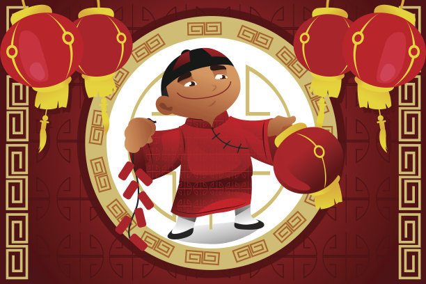 男孩提着灯笼庆祝春节素材图片