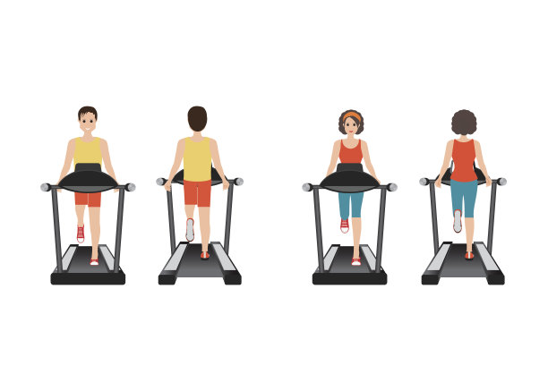 年轻的成年男女在跑步机上跑步。图片下载