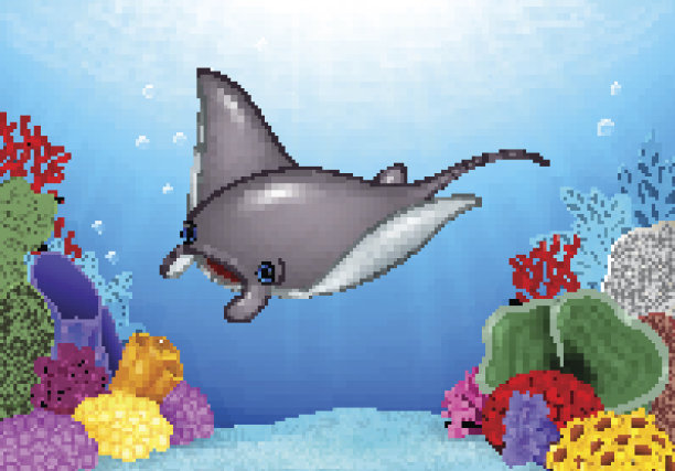 卡通黄貂鱼与珊瑚礁水下海洋图片下载