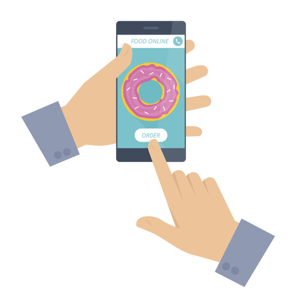 男子通过电话在线订购甜甜圈。食品交付。图片下载
