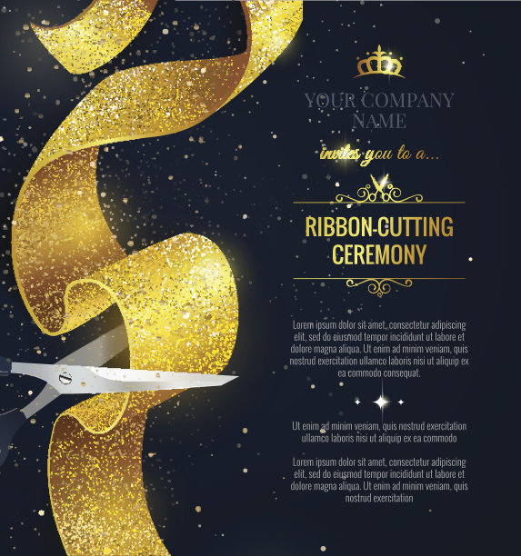 盛大开业的垂直横幅。文字与五彩纸屑和弯曲丝带。素材图片