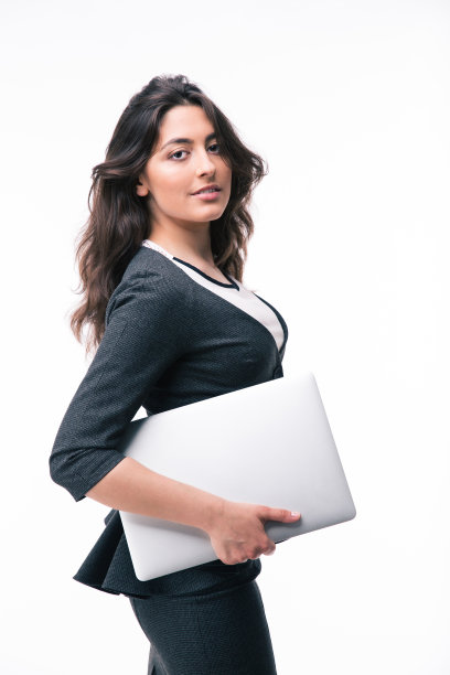 快乐的女商人拿着笔记本电脑图片下载