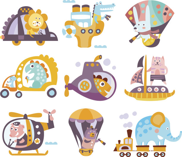 动物和交通幻想插图集图片下载