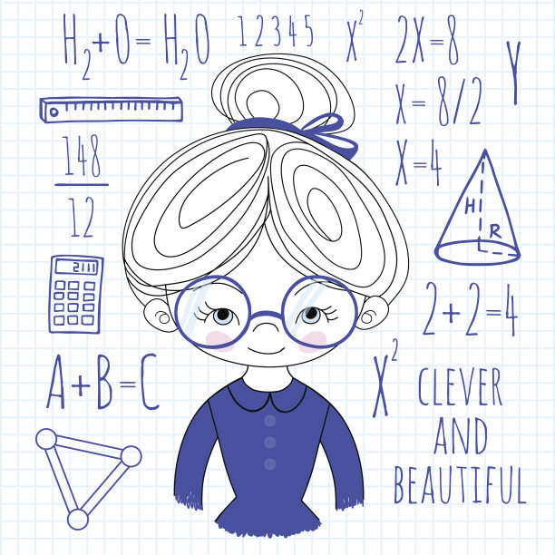 格子背景上的戴眼镜女学生矢量插画图片下载