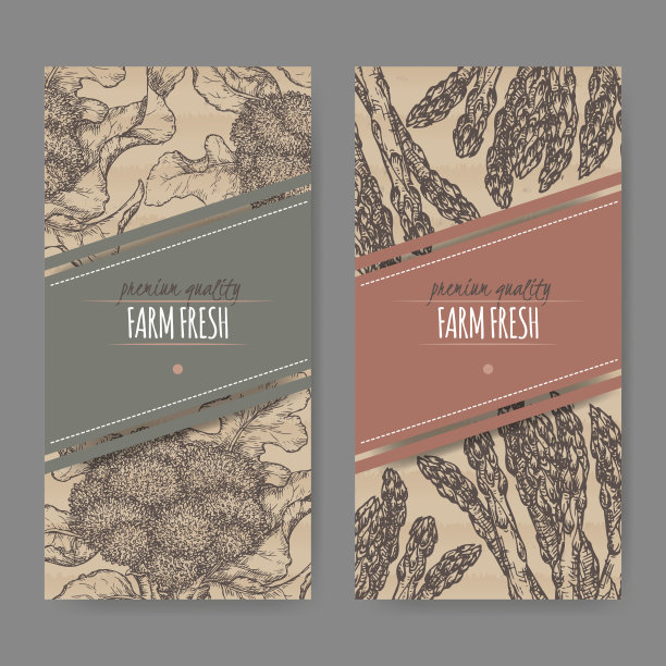 两种新鲜芦笋和花椰菜的标签。图片下载