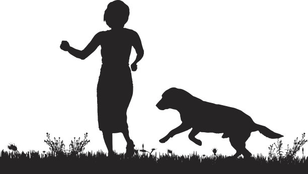 矢量剪影的女人与狗。图片下载