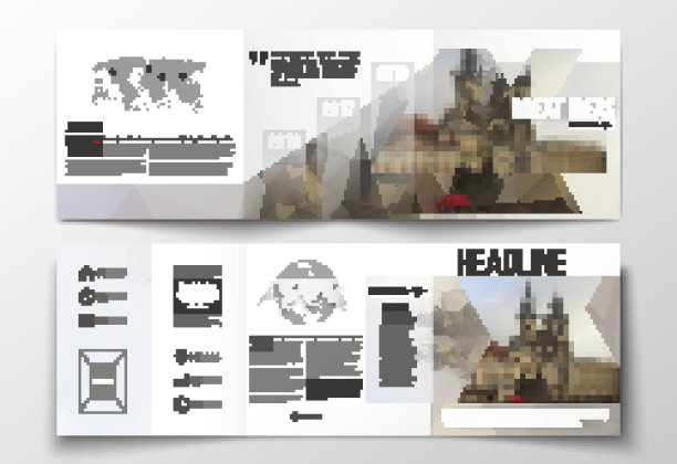 一套三折宣传册，方形设计模板。多边形的背景素材图片