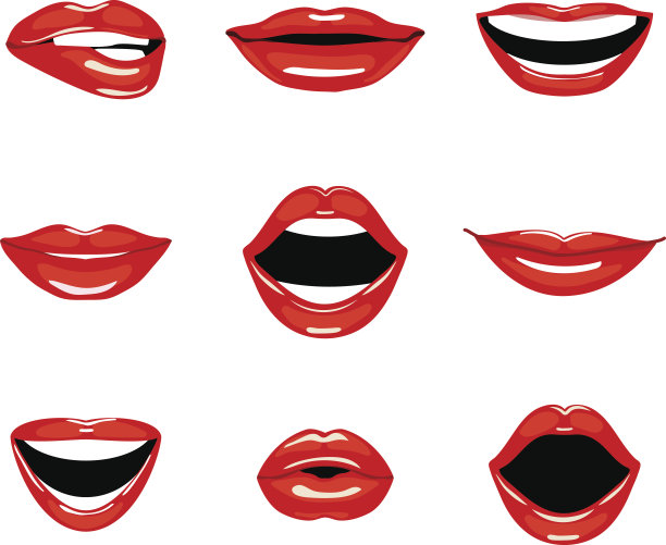 一套红色的亲吻和微笑卡通嘴唇。图片下载
