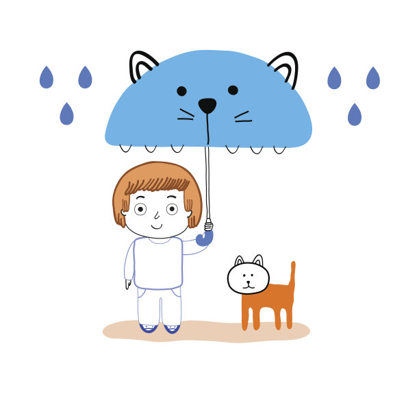 男孩和猫在雨下的插画，为孩子们装饰素材图片