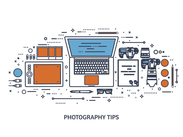 桌子上放着摄影器材。摄影工具，照片编辑，照片拍摄图片下载