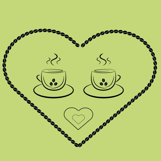 两杯咖啡在咖啡豆的心图片下载