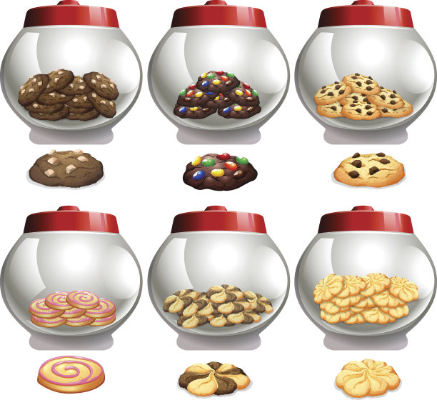 6个小甜饼罐，里面装了很多味道的小甜饼图片下载
