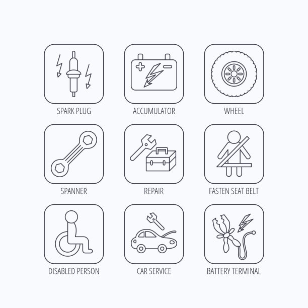 蓄电池，扳手工具和汽车服务图标。图片下载