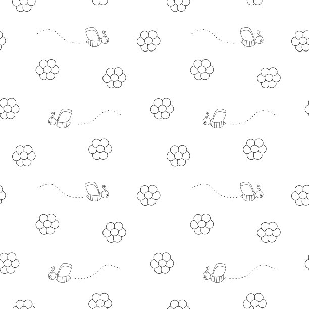 黑白雏菊花和蜜蜂黑白无缝图案插图图片下载