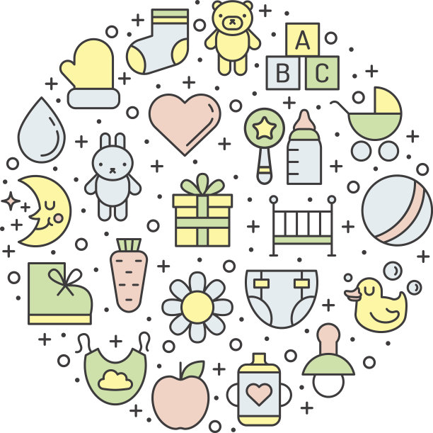 婴儿(女孩和男孩)事物轮廓多色矢量圆背景。图片下载