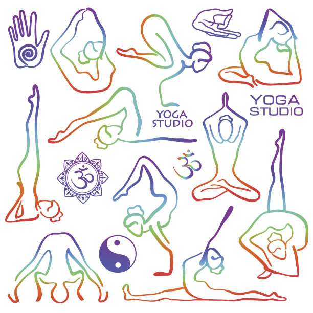 一组彩虹女性瑜伽姿势。图片下载