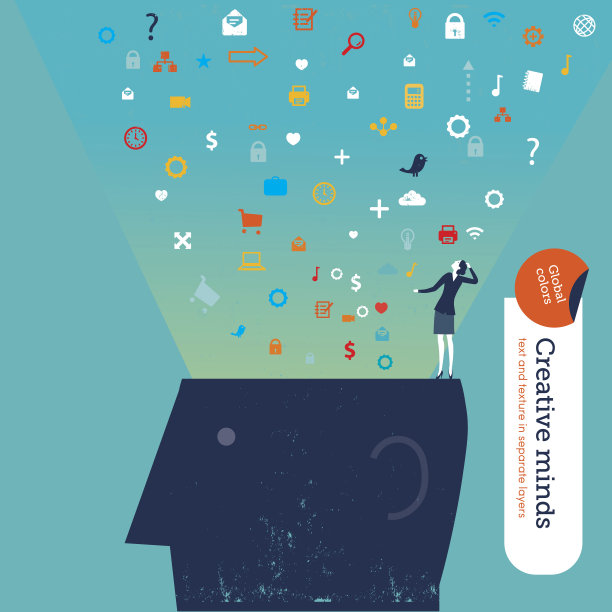 头顶有彩色图标的女商人图片下载