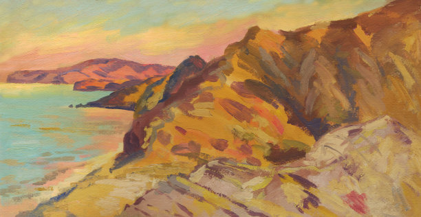 克里米亚山脉全景，油画图片下载