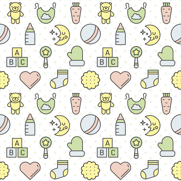 婴儿事物可爱的轮廓，多色矢量无缝模式。第一部分。图片下载