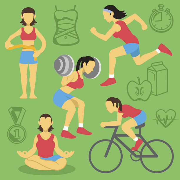 向量女性健身和健美平面图标设置。图片下载
