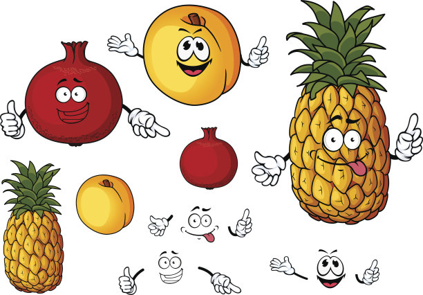 新鲜的桃子，菠萝和石榴水果图片下载