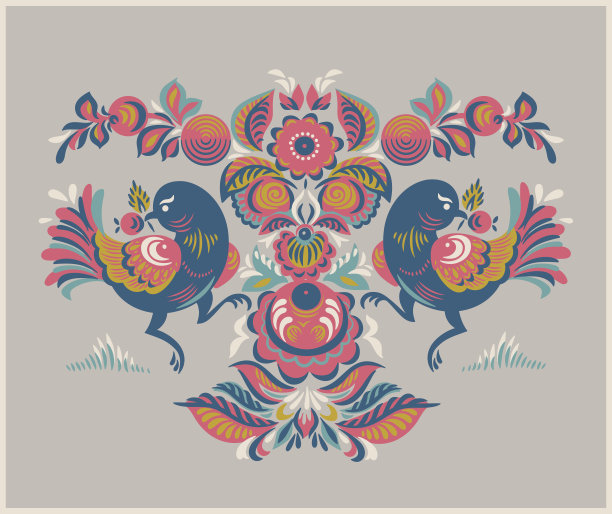 有两只鸟的花型Gorodets风格图片下载