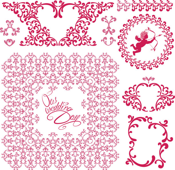 婚礼邀请集粉色花卉元素，框架。图片下载