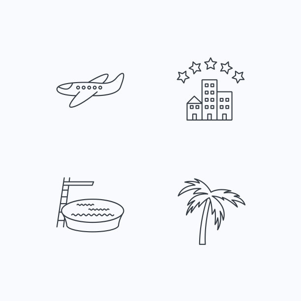 游泳池，飞机和棕榈树的图标。图片下载