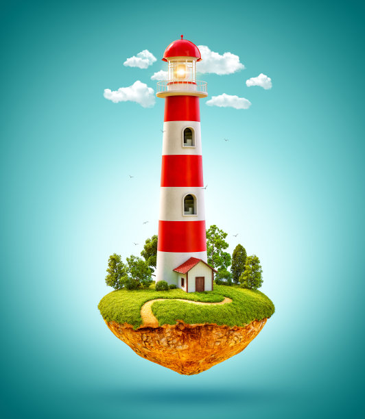 漂浮岛屿上的奇妙灯塔。图片下载