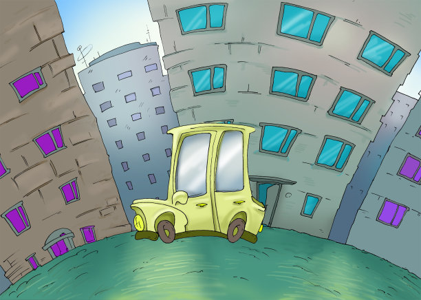 的城市。有马路和房子的街道。的车。出租车。图片下载