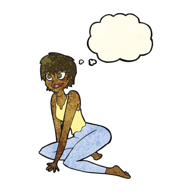 卡通快乐的女人坐在地板上带着思想泡泡图片下载