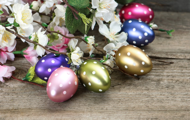 春天的鲜花和复活节的彩蛋装饰图片下载