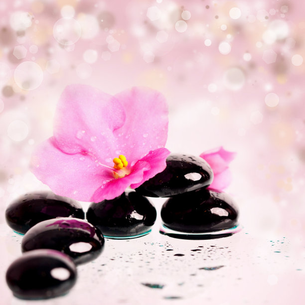 黑色的温泉石头和彩色的花朵背景图片下载